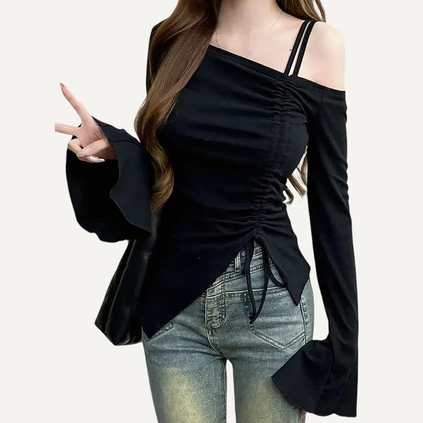 XAO Camiseta manga murcielago con cuello bote y cintas